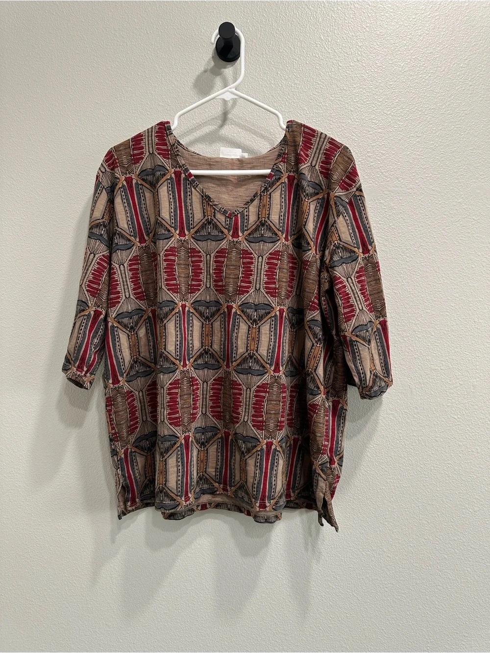 Prairie Cotton Relaxed Geometric Print Womens Top,3/4 sleeve,USA